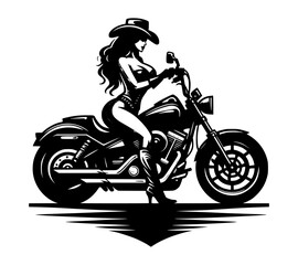 Fototapeta premium A vector silhouette of a cowgirl wearing a cowboy hat and riding a classic motorcycle.