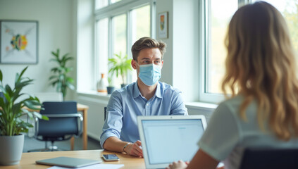 interview business meeting businessmen in the office wearing masks