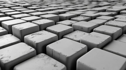 Obraz premium Precisely arranged glossy cubes set against a grey, innovative tech background, presented as a 3D render