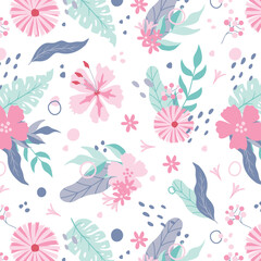 Colorful hibiscus flower with tropical leaf seamless pattern design for summer holidays background.