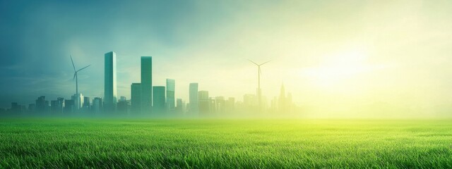 Fototapeta premium Lush Green Field with Modern City Skyline and Wind Turbines