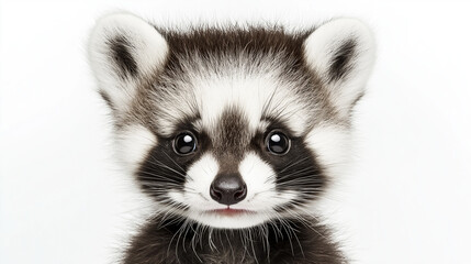 Fototapeta premium Close-up portrait of a baby raccoon with soft fur and bright eyes against a white background. A cute and detailed wildlife image perfect for nature, conservation, and animal themes. 