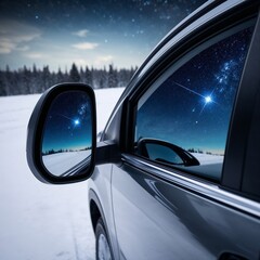 Fototapeta premium Car side mirror reflecting a starry sky in a snowy landscape during night time