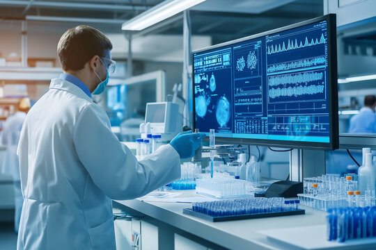 Biotechnologist science genomics. Genetics bioinformatics. Innovation bioengineering. Illustration of a biotechnologist's lab filled with equipment and samples.
