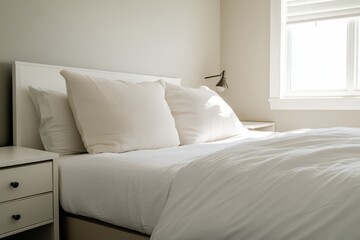 Obraz premium Bright Minimalist Bedroom with White Bed and Natural Light