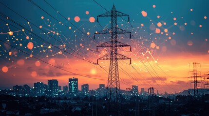 Sunset over a city skyline with power lines and digital connections glowing