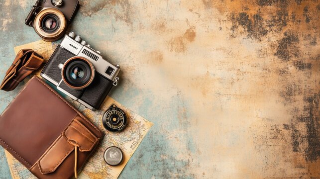 Retro journey setup of vintage travel essentials with camera, vintage travel essentials and passport, nostalgic vintage travel essentials scene, old-fashioned travel kit with camera, passport and  map - Powered by Adobe
