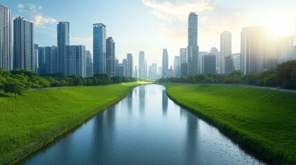 Obraz premium Serene Urban Landscape with River and Green Grass in a City