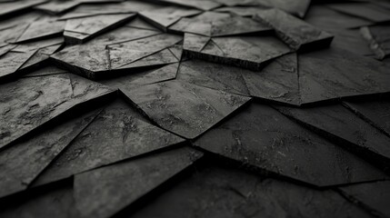 A black, polygonal 3D banner features a dark modern surface adorned with triangular pyramids