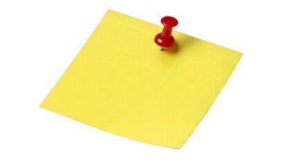 Yellow sticky post it note with red pushpin isolated on transparent background