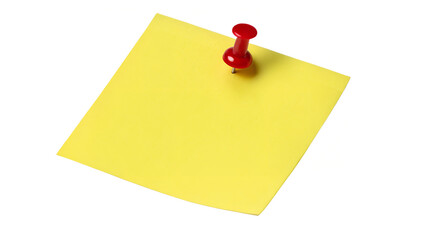 Yellow sticky post it note with red pushpin isolated on transparent background
