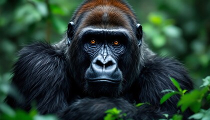 Obraz premium Powerful Gorilla Portrait in Lush Jungle Habitat
