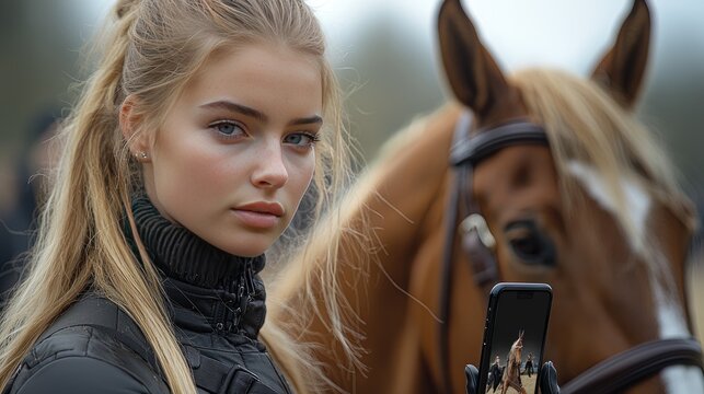 Young woman taking a selfie with a horse at an equestrian event outdoors