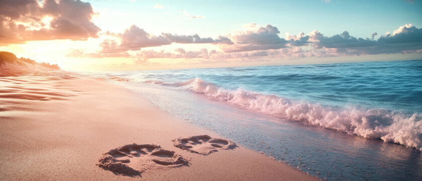 serene beach scene with gentle waves lapping at shore, showcasing footprints in sand under colorful s et sky. tranquil atmosphere evokes sense of peace and relaxation