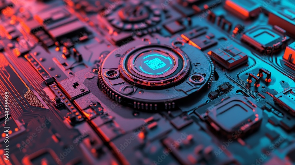 Fototapete configure the technology concept featuring a cog symbol embedded on a microchip, with data transmiss