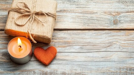 Fototapeta premium A beautifully wrapped gift with twine, a lit candle, and a felt heart on a rustic wooden surface, perfect for conveying warmth and love in promotional materials or social media posts,
