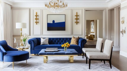 Hollywood chic living room, cream walls, oversized blue tufted sofa, brass sconces, crystal chandelier, cityscape at twilight