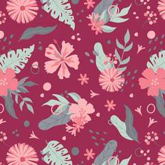 Colorful hibiscus flower with tropical leaf seamless pattern design for summer holidays background.