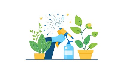 Watering plants with a spray bottle.  A hand in a glove sprays plants with a spray bottle