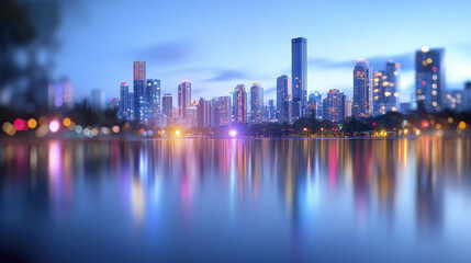 vibrant city skyline at dusk, reflecting colorful lights on water
