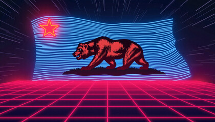 Neon California bear in retro-futuristic style with glowing lines, energy