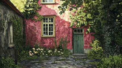 Quaint Pink Courtyard Sunlight