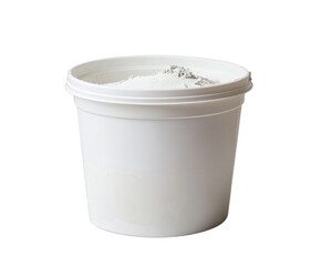 A white container filled with a fine powder is displayed against a plain background