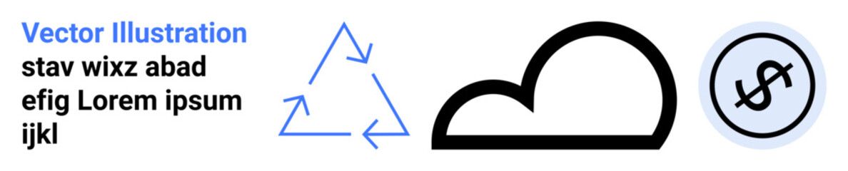 Blue triangle of recycling arrows, bold cloud outline, and coin with dollar sign. Ideal for sustainability, recycling, cloud computing, financial technology, environmental awareness, innovation