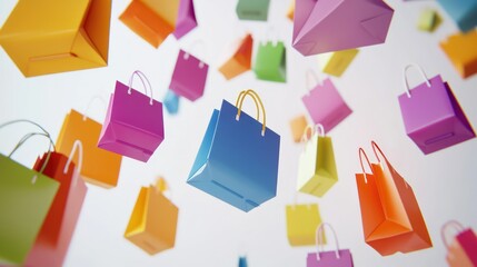 Colorful bags falling, white backdrop, shopping spree
