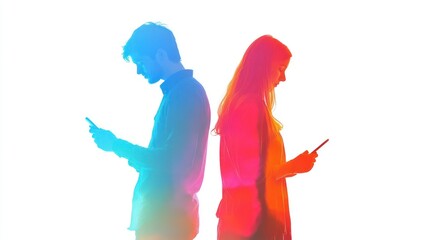 Couple texting, studio, colorful, isolated, disconnect