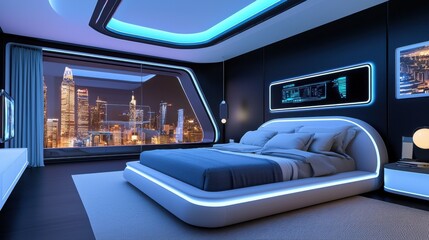 Light tech attic loft bedroom, black walls, plush azure bed with oversized pillows, built in neon panels, digital effect paintings, automated skylight