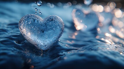Water heart shape with bubbles floating on dark blue water.