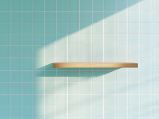 A wooden shelf mounted on blue tiled, clean and modern background for product placement in a bathroom setting.