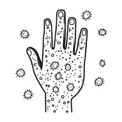 Fototapeta premium Hand covered in bacteria and viruses highlights infection risk. Infection spreads easily through contact, making hygiene essential for infection prevention. Health and hygiene awareness concept