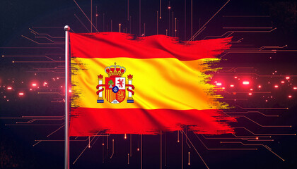 Futuristic Spain flag with digital grid overlays, high-tech symbolism