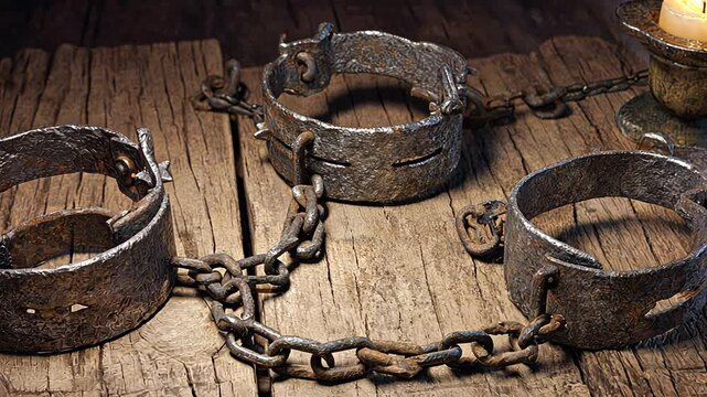 A pair of rusted iron shackles connected by heavy chains, lying on an aged wooden table. The dim candlelight adds a somber tone, symbolizing the painful history of slavery and the fight for freedom.
