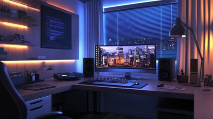 Fototapeta premium Night Gamer's City-View Setup