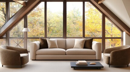 Luxurious modern attic loft living room, deep brown tones, oversized linen sofa with three solid pillows, legless armchairs, panoramic autumn forest view