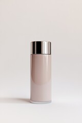 sleek modern 3d-rendered cylindrical cosmetic bottle with metallic cap placed against plain softly lit background to