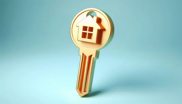 house shaped keyring in gold metal material design, Real estate market, housing market.