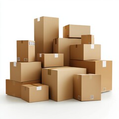 cardboard boxes, stacked on top of each other in various sizes and shapes