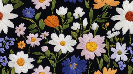 Seamless pattern with colorful embroidered flowers with intricate details on a black background. Traditional embroidery style, creating a rich textile pattern