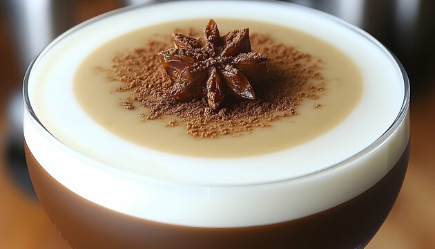 Indulge in this creamy, layered cocktail, garnished with star anise and cocoa powder.  Perfect for sophisticated menus or beverage articles.