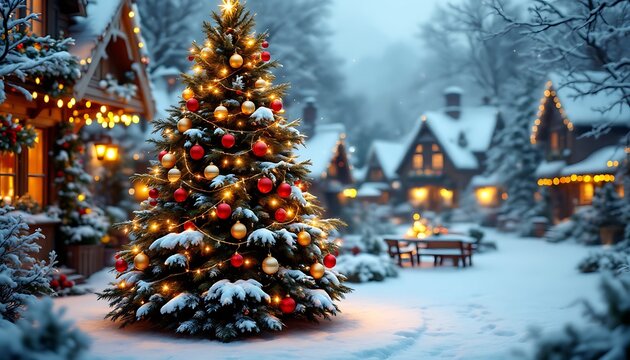 Snowy Christmas Village Scene with Decorated Tree - Powered by Adobe