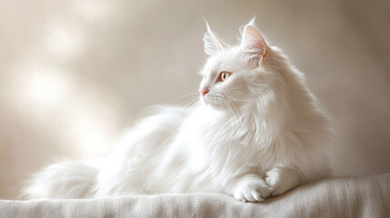 fluffy white cat rests gracefully in soft, serene setting, showcasing its elegant fur and captivating gaze. gentle light enhances peaceful atmosphere, creating tranquil scene