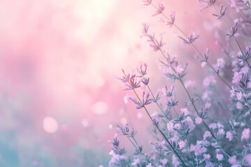 Fototapeta premium Lavender Flowers Blooming Against A Soft Pink And Blue Background