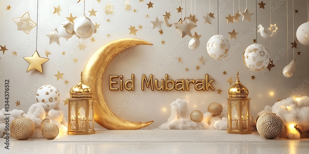 Fototapete 3d rendering of the phrase eid mubarak in golden lettering, with a crescent moon and lanterns hangin
