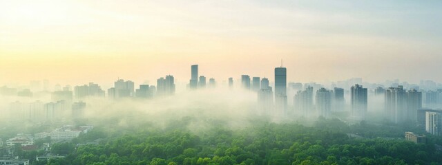 Fototapeta premium Misty Urban Skyline at Sunrise Over Lush Green Trees