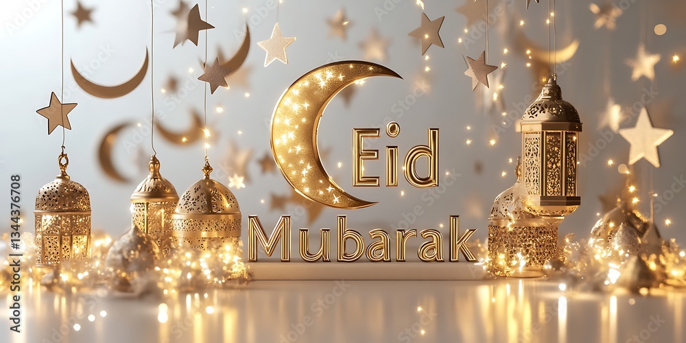 Fototapete 3d rendering of the phrase eid mubarak in golden lettering, with a crescent moon and lanterns hangin