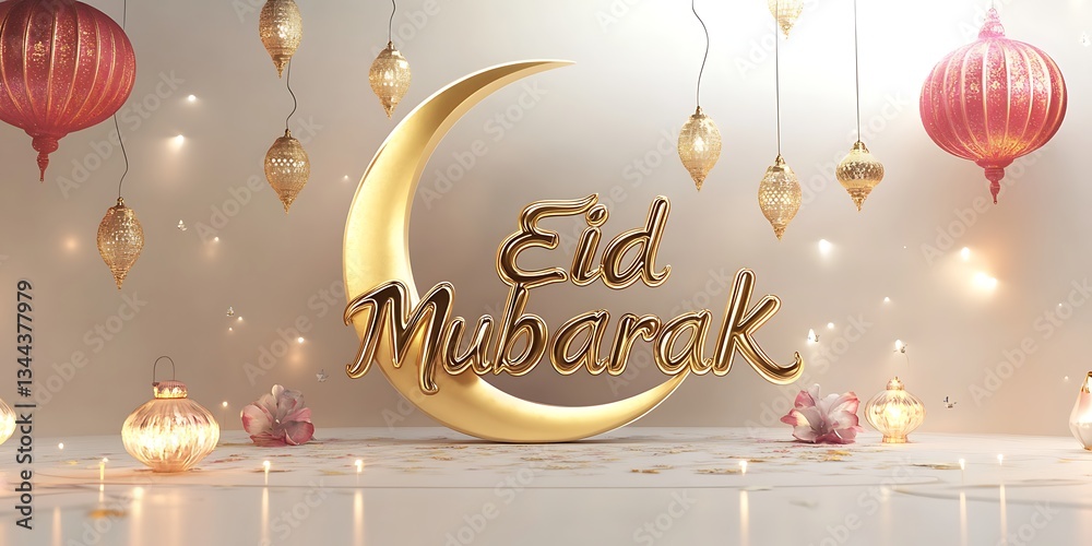 Fototapete 3d rendering of the phrase eid mubarak in golden lettering, with a crescent moon and lanterns hangin
